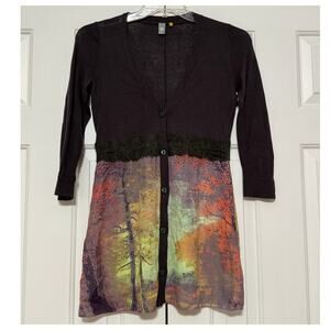 Anthropologie Knitted & Knotted Brown Cardigan with Mixed Media Hem, Size XS